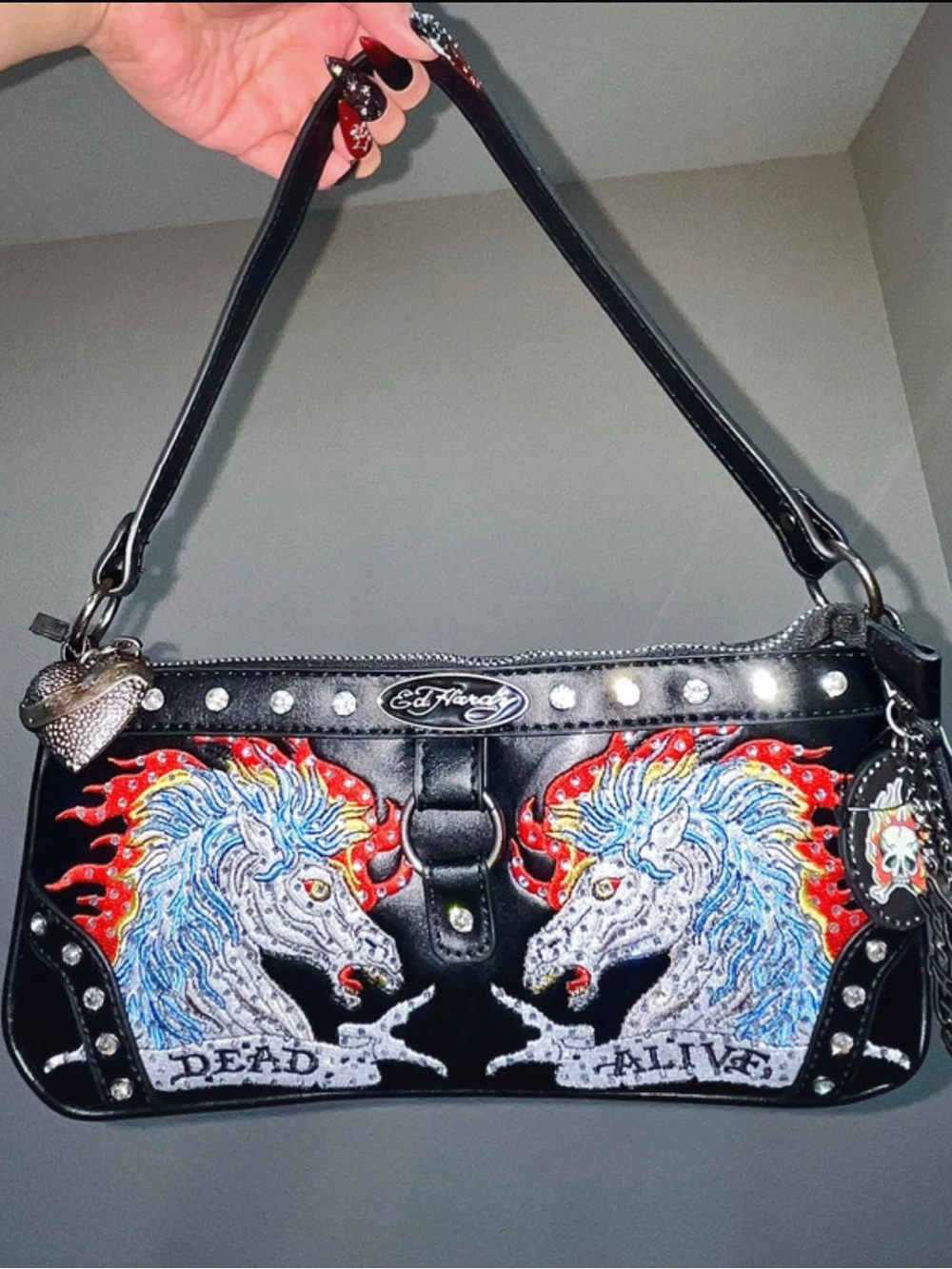 Ed Hardy Black Shoulder Bag with Multicolor Embroidered horses